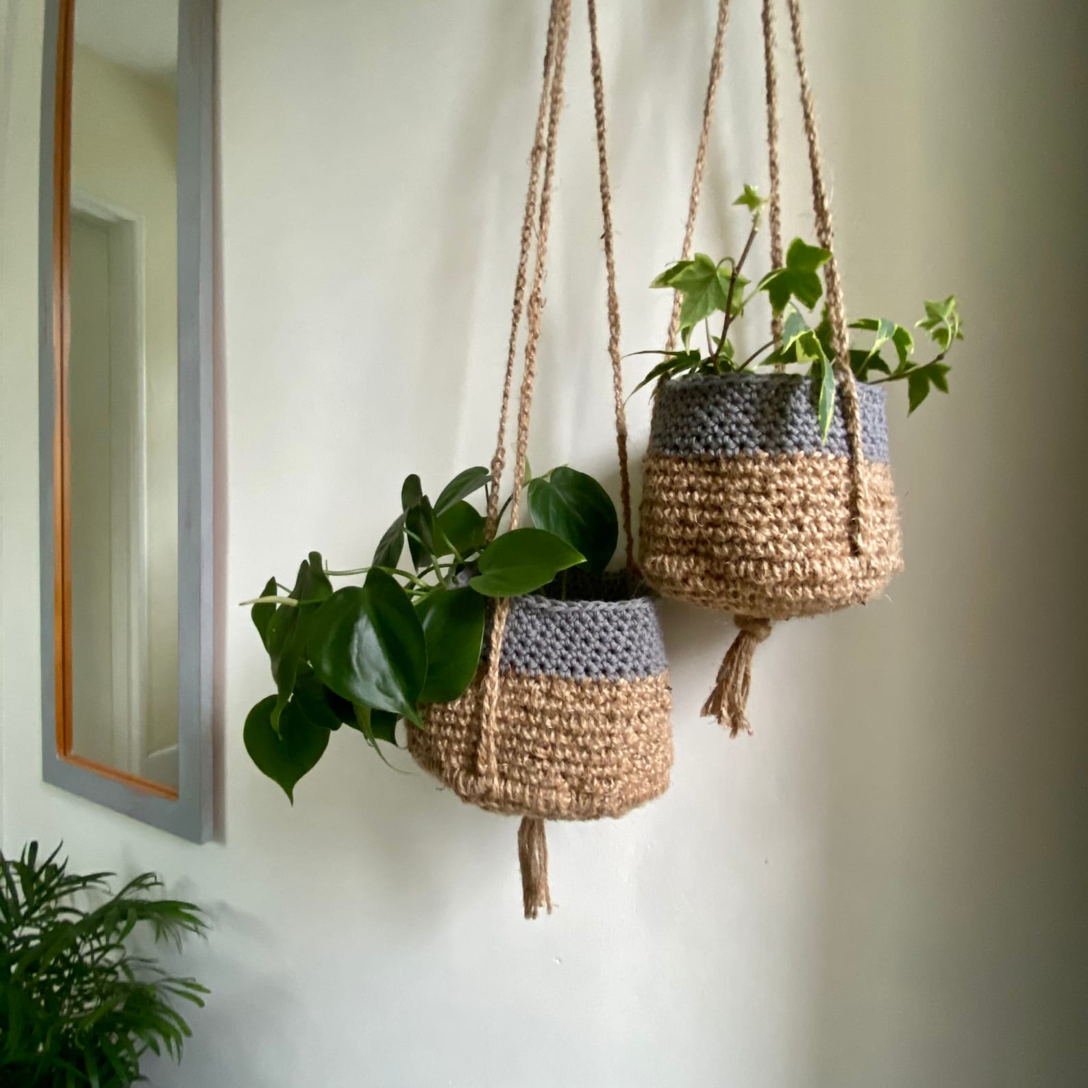 Set of 2 twine and cotton crochet hanging plant holder baskets Etsy