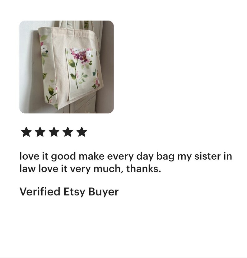 May include: A white tote bag with a floral print pocket. The bag has a light beige background with a floral pattern in shades of pink, green, and white. The pocket is a smaller rectangle with a floral print in shades of pink, green, and white. The bag is hanging on a white wall.