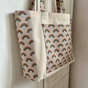 Rainbow Print Calico Tote Bag: Handmade Eco-Friendly Shopper with pocket