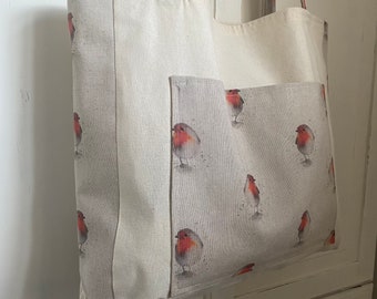 Robin Bird print reusable eco friendly tote shopping bag with front pocket & matching coin purse