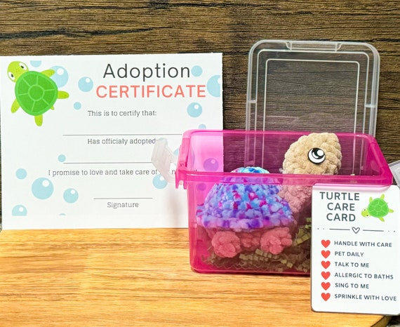 Crochet Pet Turtle, Pretend Cage, Adoption Form
