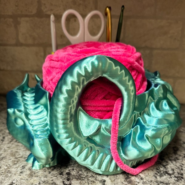 3d Printed Dragon Yarn Holder and Yarn Tools | Yarn Bowl | Dragon Bowl | Crochet | Knitting Accessory | Color Shifting Blue and Green