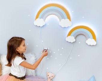 Ensemble de lampes arc-en-ciel de deux arcs-en-ciel, lampe en bois, décoration murale de pépinière, veilleuse pour garçons et filles, cadeau pour KID, cadeau d’anniversaire pour fille