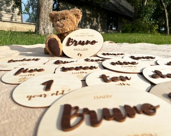 Personalized Wooden Baby Milestone Discs: Engraved Photo Props