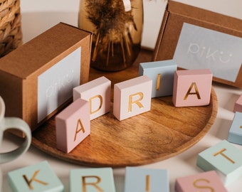 Wooden blocks with letters, Pastel alphabet letter blocks, Gold birthday table decor for baby, Wall childs name and numbers
