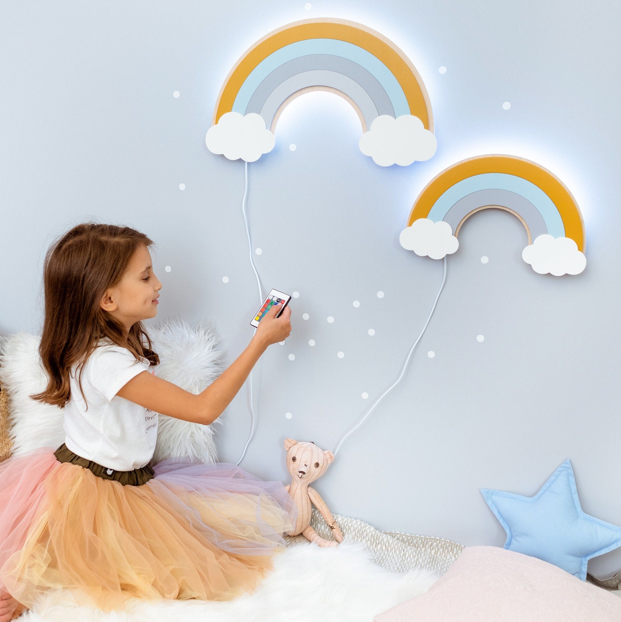 ensemble de lampes arc-en-ciel deux arcs-en-ciel, lampe en bois, décoration murale pépinière, veilleuse pour garçons et filles, cadeau kid