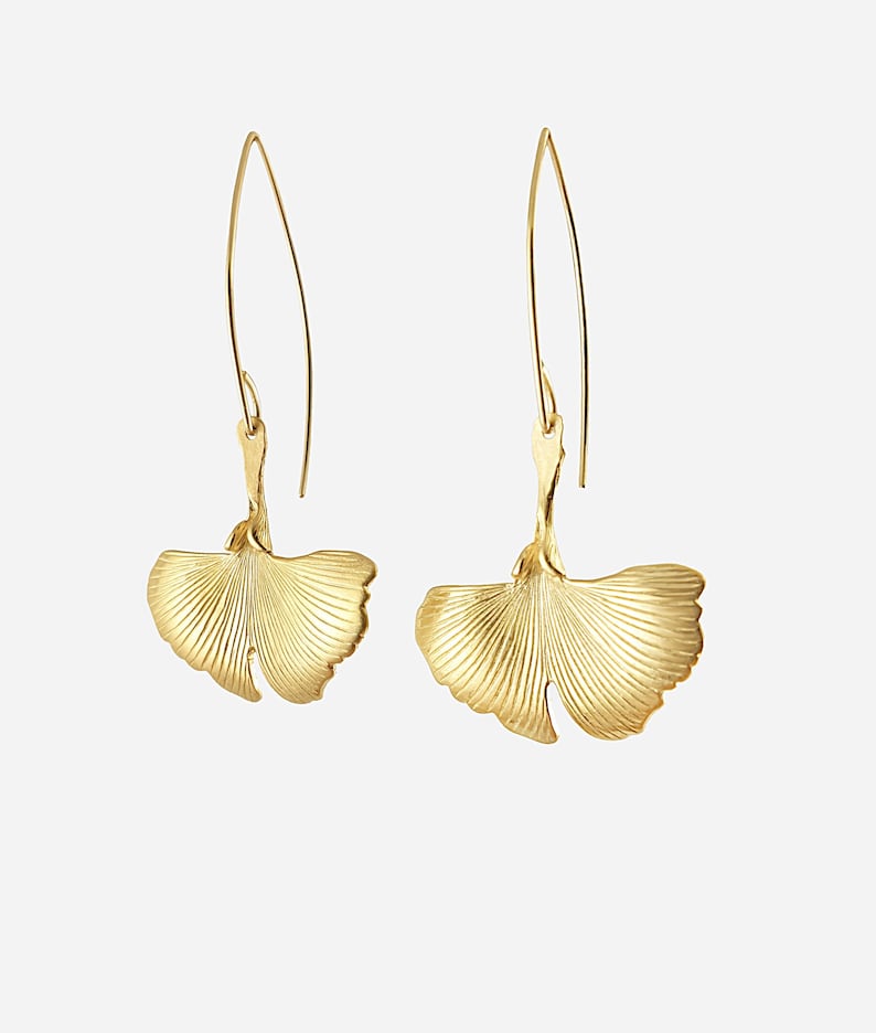 Gold Ginkgo Leaf Earrings Fanshaped Earring Dangle Leaves Etsy