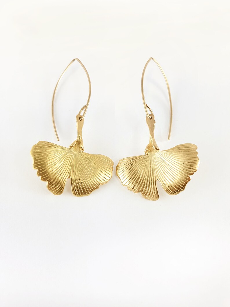 Gold Ginkgo Leaf Earrings Fanshaped Earring Dangle Leaves Etsy