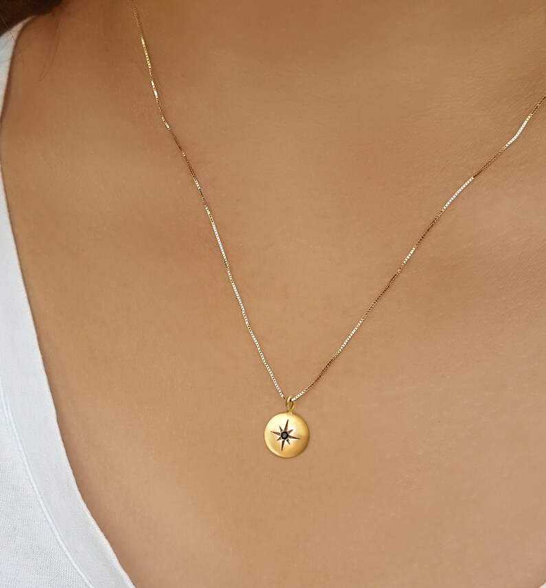 14K Gold Compass Necklace Dainty Gold Necklace Etsy