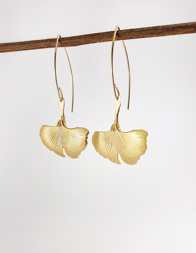 Gold Ginkgo Leaf Earrings Fanshaped Earring Dangle Leaves Etsy