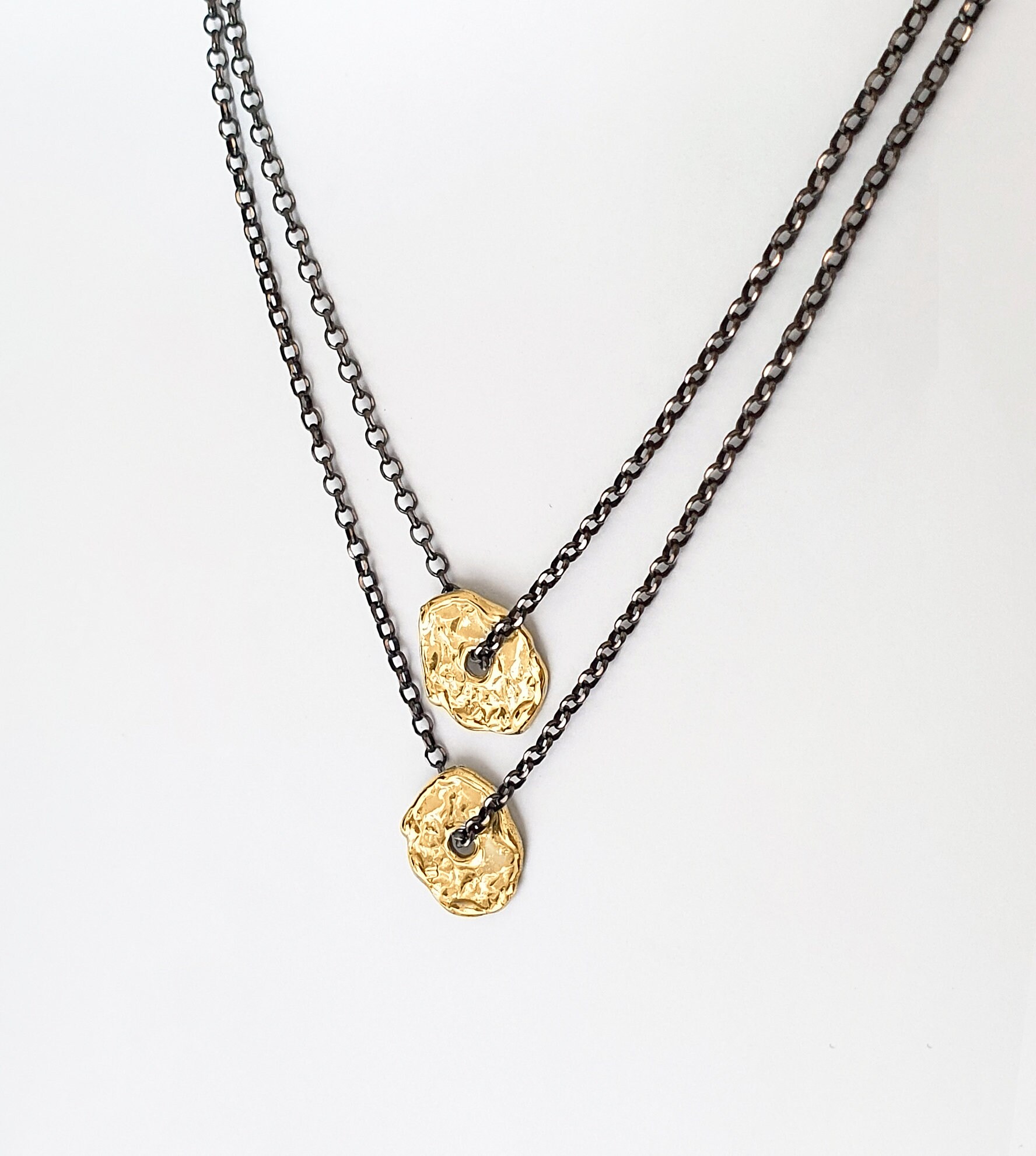 Gold Disc Necklace Double Chain Necklace Free Form Necklace Etsy