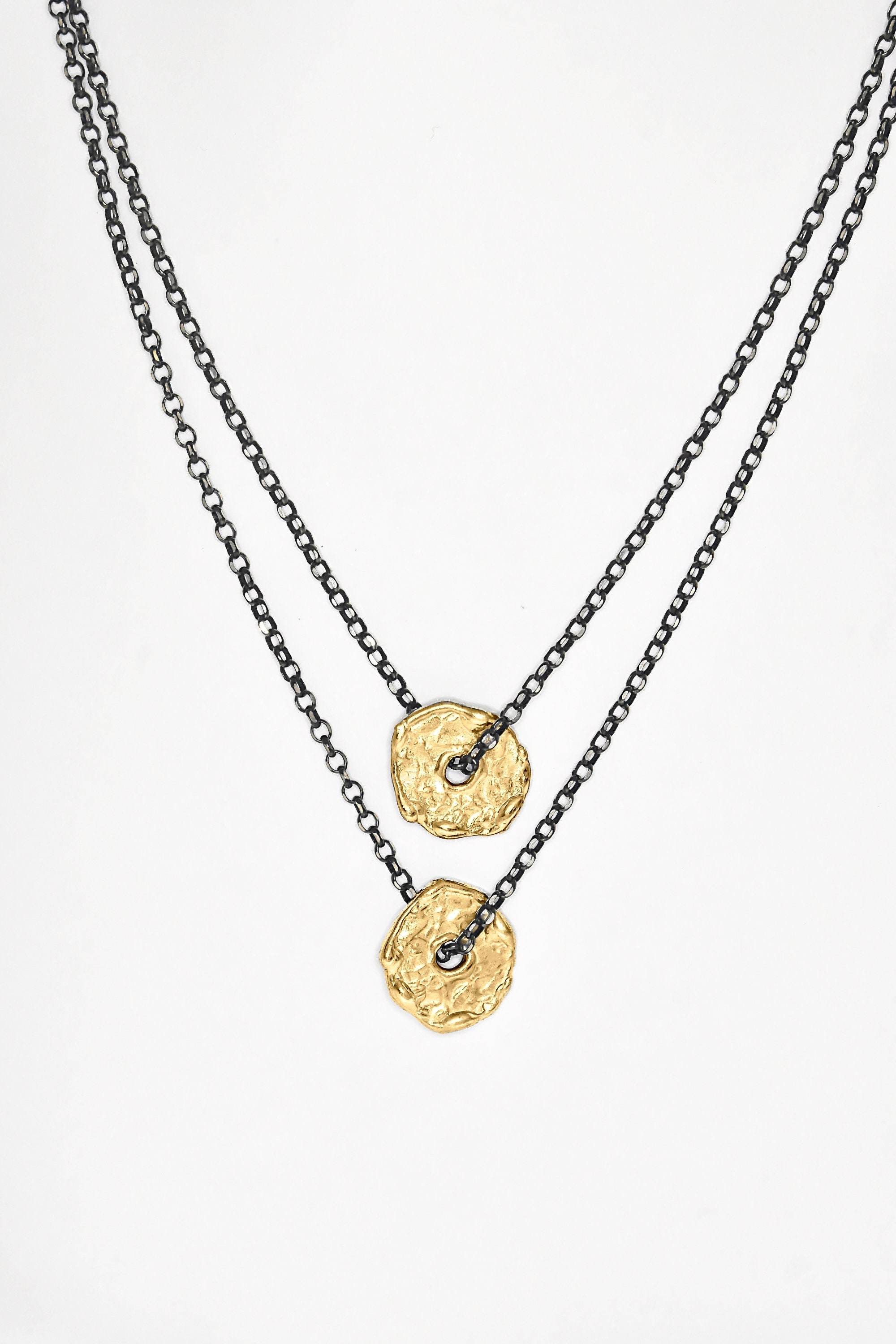 Gold Disc Necklace Double Chain Necklace Free Form Necklace Etsy