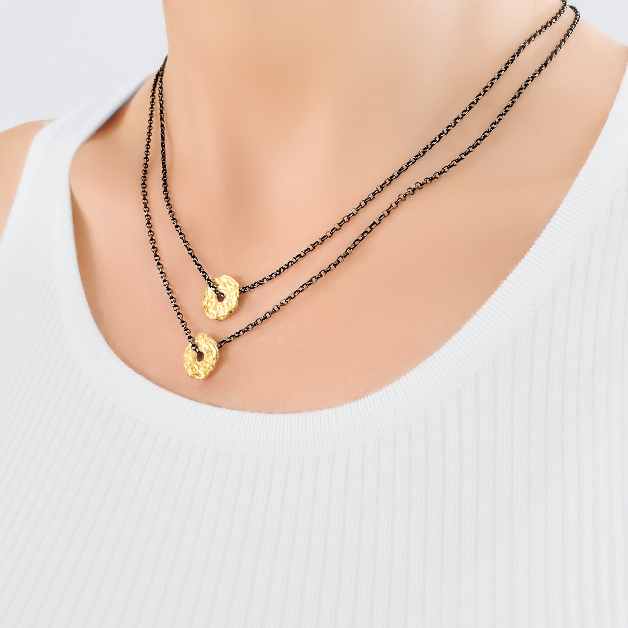 Gold Disc Necklace Double Chain Necklace Free Form Necklace Etsy