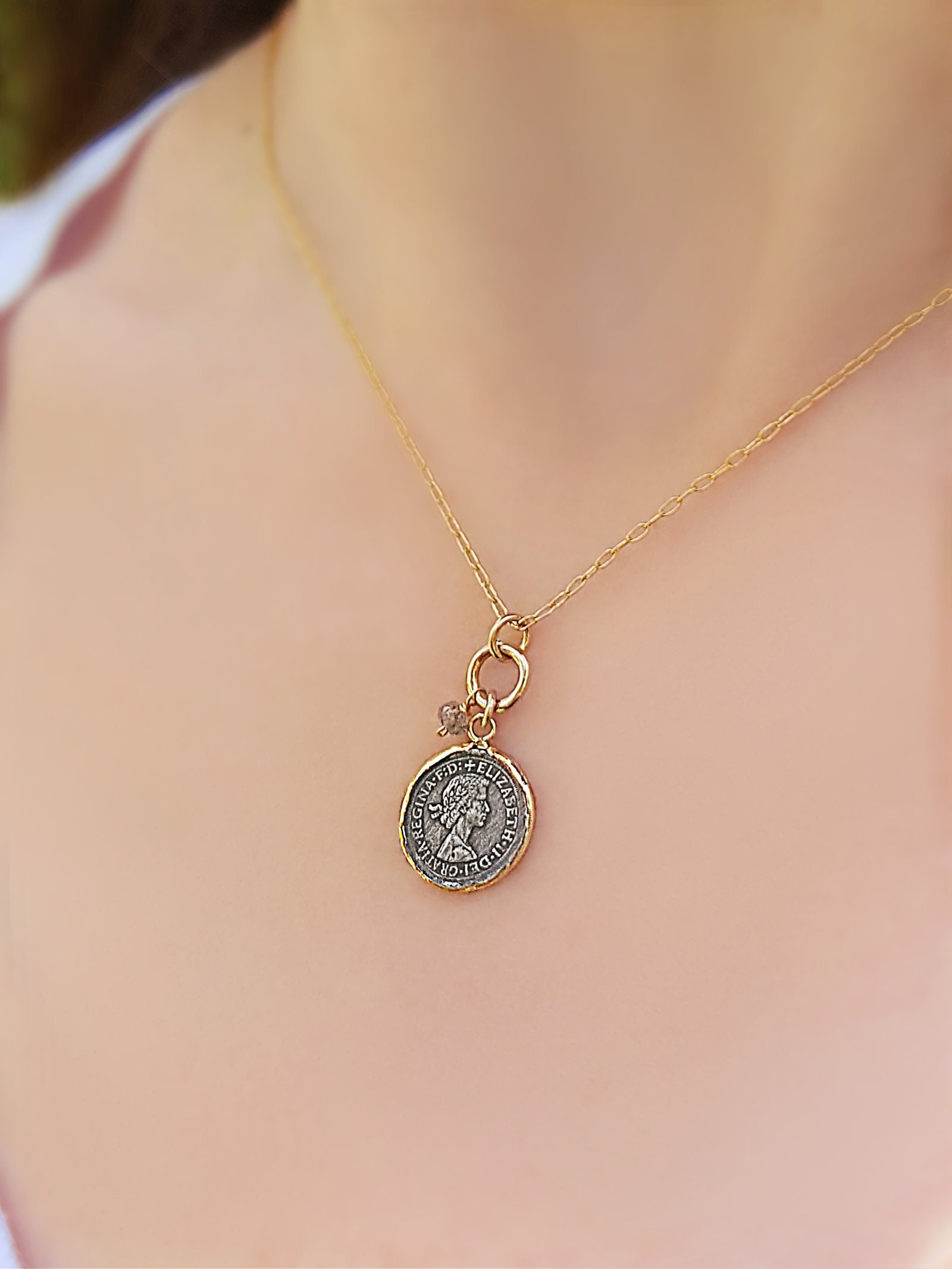 Queen Elizabeth Coin Necklace Oxidized 