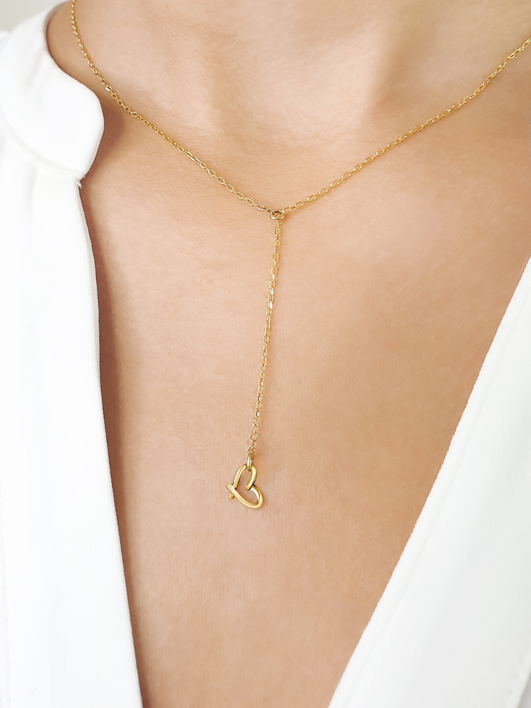 Gold Heart Lariat Necklace Open Heart 