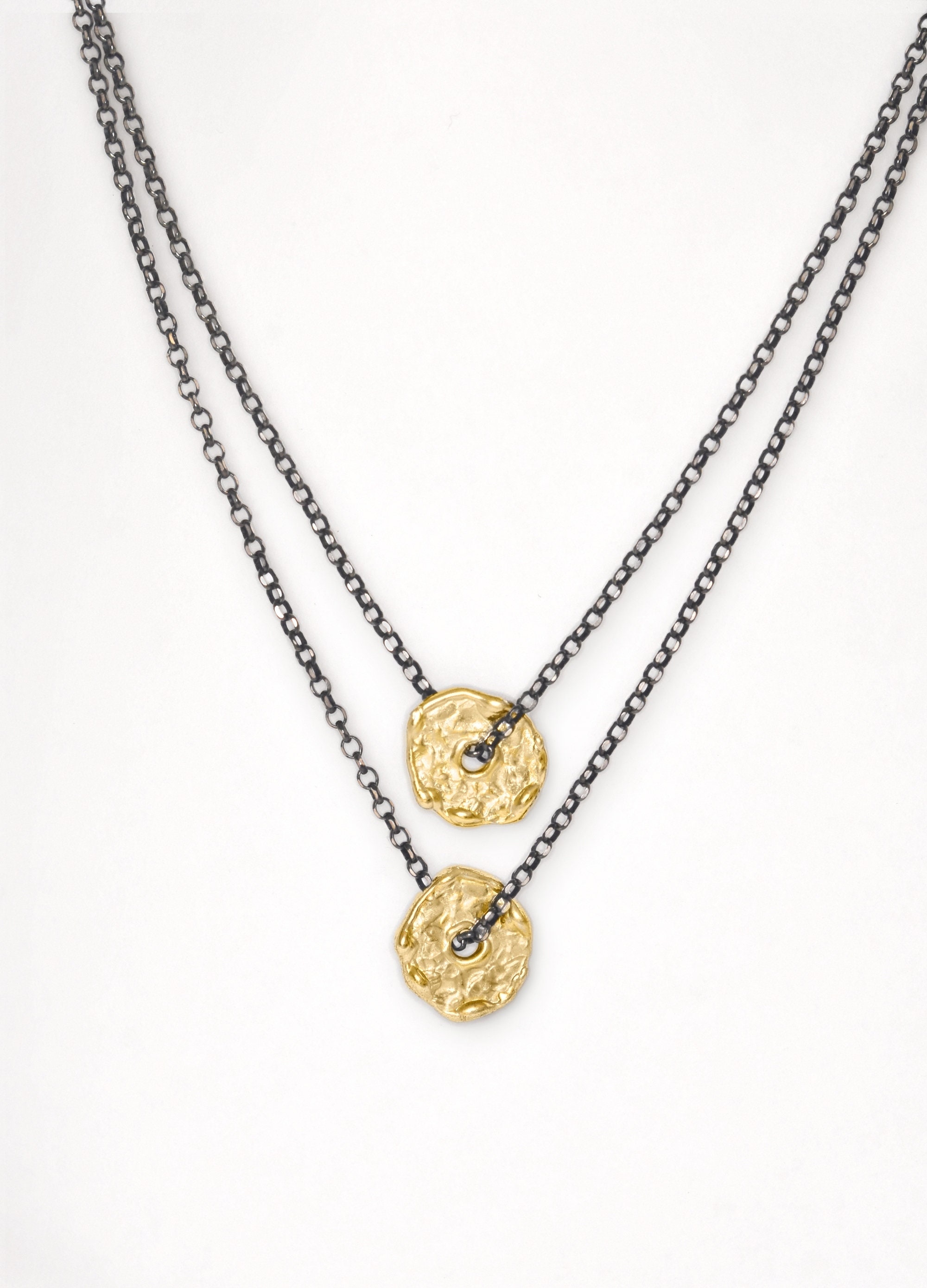 Gold Disc Necklace Double Chain Necklace Free Form Necklace Etsy