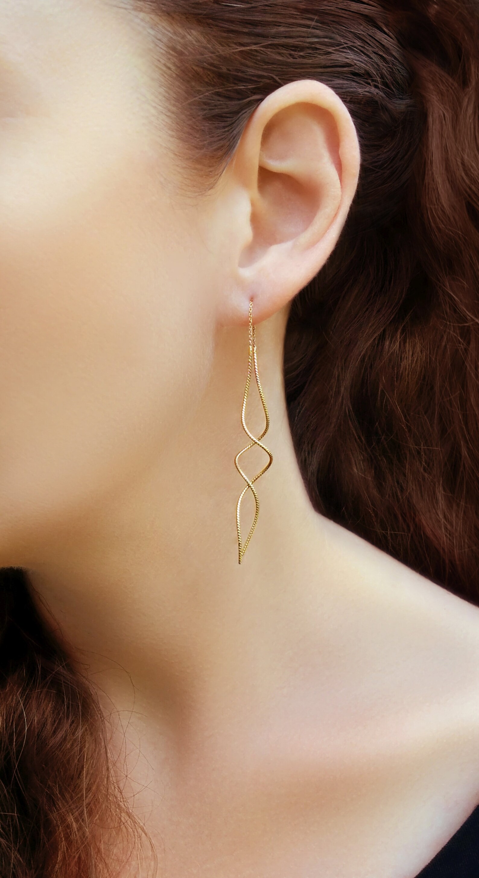 Gold Spiral Earrings 14K Solid Gold Long Twisted Earrings Etsy