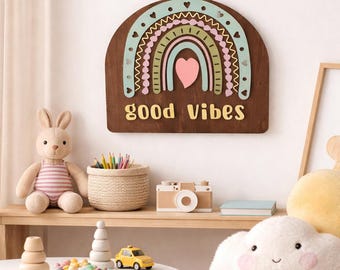 3D Rainbow Wall Sign: Good Vibes Pastel Wood Decor