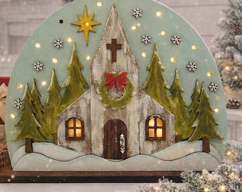 Lighted Layered Wood Church Christmas Scene • Rustic Snowy Mantel Display