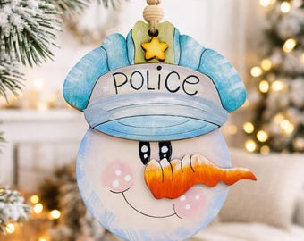 Hand-Painted Wooden Police Snowman Christmas Ornament • Law Enforcement Holiday Decor