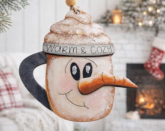 Hand Painted Wooden Snowman Coffee Mug Ornament • Cozy Christmas Décor (Personalized)