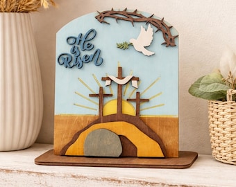 He is Risen Sign: Wooden Easter Tomb Scene, Christian Decor, Shelf Sitter
