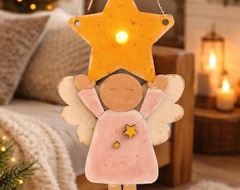 Wooden Angel Ornament with LED Tealight • Hand Painted Layered Basswood Folk Art Christmas