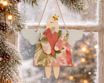 Hand Painted Wooden Folk Art Angel Ornament • Layered Christmas Angel • Floral Rustic Holiday Decor