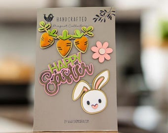 Handmade Wooden Easter Fridge Magnet Set, Bunny, Carrot, Flower