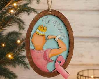 Hand-Painted Wooden Warrior Ornament – Pink Ribbon Breast Cancer Awareness Decor