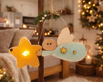 Wooden Flying Angel Ornament with LED Light | Primitive Folk Art Christmas Decoration