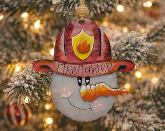 Firefighter Snowman Christmas Ornament • Hand Painted Wood • Firefighter Gift • First Responder Holiday Décor