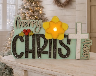 LED Lighted Merry Christmas Sign, Rustic Wood Shelf Sitter, Farmhouse Christmas Mantel Decor Gift