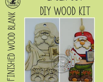 Hand-Painted Wooden Santa Ornament • Cozy Pajamas, Reindeer Slippers (DIY Kit Available)