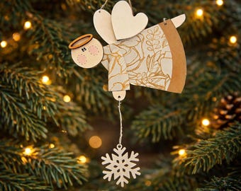 Wooden Flying Angel Ornament with Halo & Snowflake – Rustic Hand Painted Christmas Décor