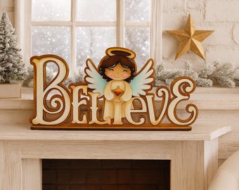 Hand Painted Wooden Angel Shelf Sitter – Believe Christmas Decor – Rustic Farmhouse Angel Decoration