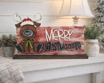 Merry Christ Moose Shelf Sitter – Whimsical Christmas Moose Decor, Hand Painted