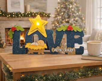 Wooden Love Came Down Christmas Shelf Sitter with LED Tealight – Hand Painted Nativity Decor –