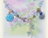 Little Girl Bracelet Rose Earrings Jewelry Set, Flower Girl Bracelet, Aquamarine Swarovski March Birthstone Hand Stamped Initial 6 1 2