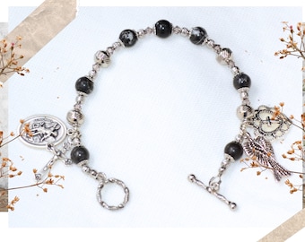 Saint Michael Catholic Rosary Bracelet, in Zebra Stone and Stainless Steel Beads, Gifts for Mom, Confirmation or Choose A Saint