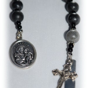 St. Joseph Personalized Chaplet/Pocket Rosary - Shades of Black Glass Beads - One Decade Rosary - Catholic / Religious Gift