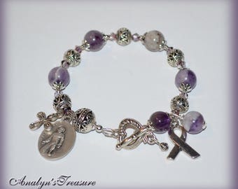 St. Peregrine Rosary Bracelet in Natural Amethyst, Rosary Bracelet, Amethyst Bracelet, February Birthstone, Choose Saint, Charm & Wrist Size