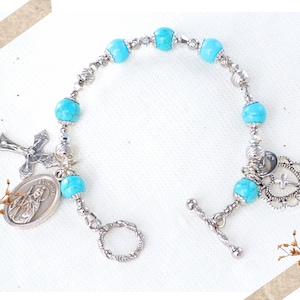 Saint Jude Rosary Bracelet, in Turquoise, December Birthstone Beads, Stainless Steel, Catholic Gift for Mom, Confirmation Or Choose A Saint