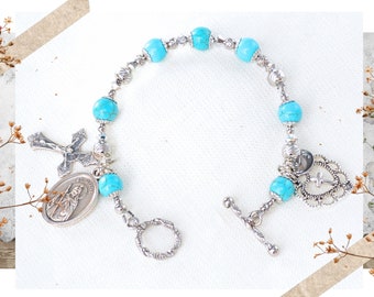 Saint Jude Rosary Bracelet, in Turquoise, December Birthstone Beads, Stainless Steel, Catholic Gift for Mom, Confirmation Or Choose A Saint