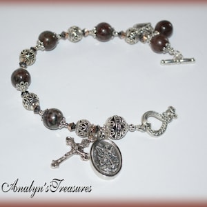 St. Michael Rosary Bracelet, Rosary Bracelet, Natural Garnet or Choose Saint, Charm and Wrist Size, Catholic Rosary