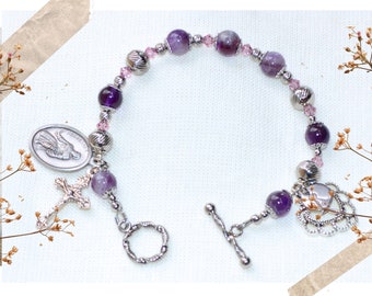 Saint Peregrine Catholic Rosary Bracelet in Amethyst and Stainless Steel Beads - Gift for Cancer Patient, Survivor, Or Choose Other Saint