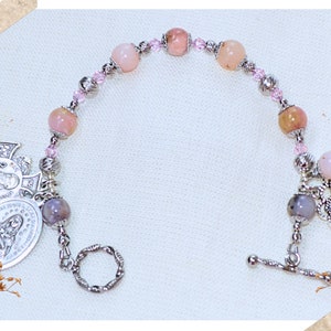 Immaculate Heart of Mary, Holy Spirit, Saint Benedict Cross Rosary Bracelet in Opal and Stainless Steel Beads, Gifts for Confirmation
