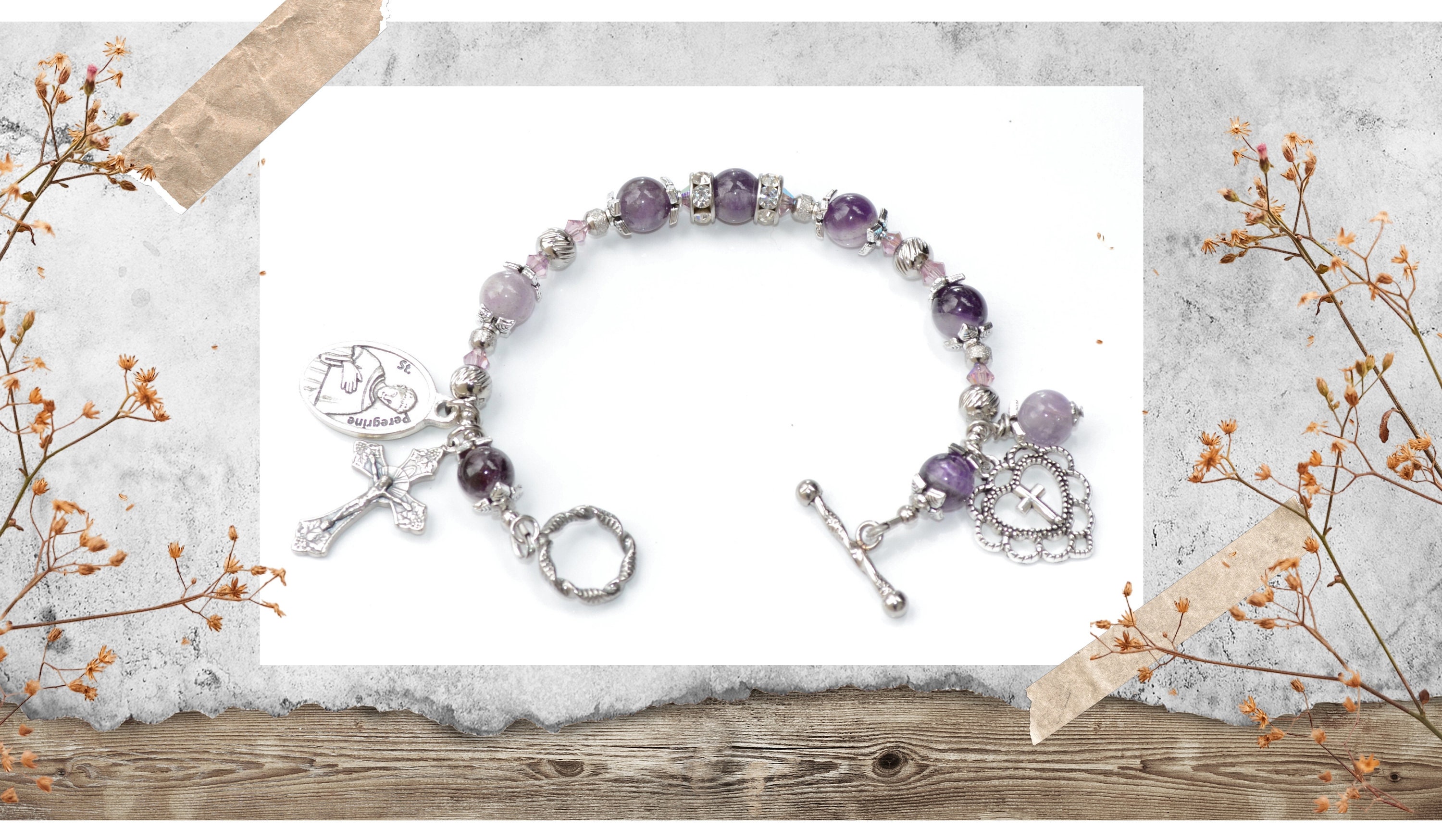 Saint Peregrine Third Class Relic Rosary Bracelet in Stainless Steel & Amethyst Beads, Catholic Mom, Cancer Patient, Jewelry, Confirmation