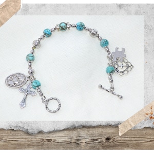 Saint Dymphna Third Class Relic Rosary Bracelet, Stainless Steel & Turquoise Beads, Patron of Anxiety, Gift for Mom, Confirmation, Customize