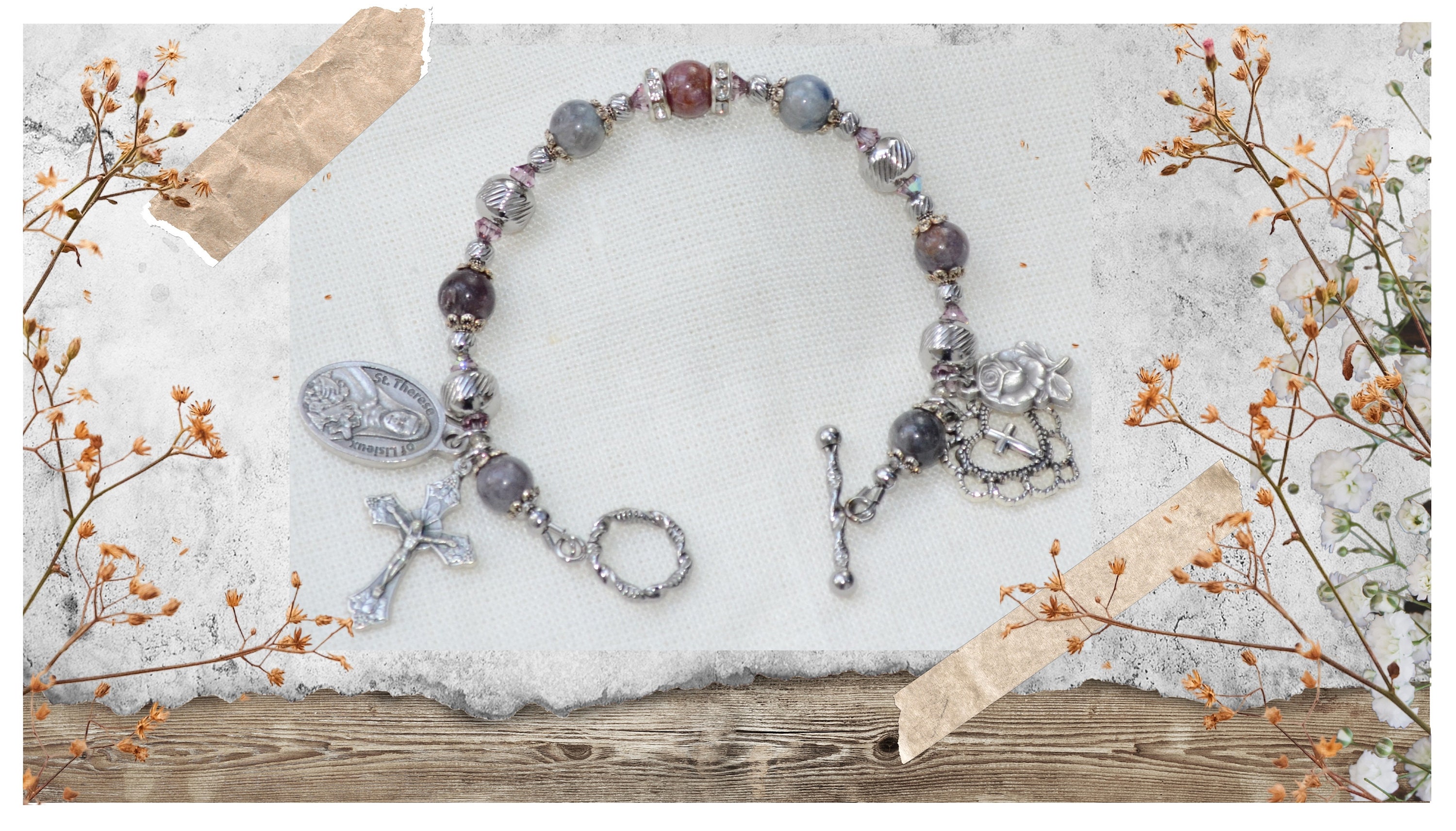 Saint Therese of Lisieux Third Class Relic Rosary Bracelet, Ruby & Sapphire Beads, Stainless Steel, for Catholic Mom, Jewelry, Confirmation